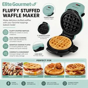 Elite Gourmet Fluffy Stuffed Waffle Maker Mint Green‎ EWM380M New in Box